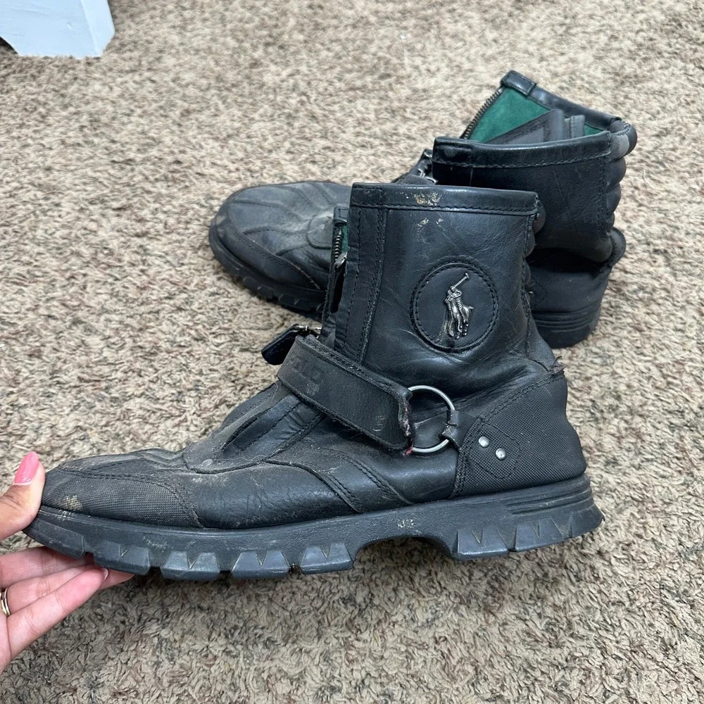 Polo Ralph Lauren Conquest Hi III Mens Black Leather Zip Up Duck Boots READ